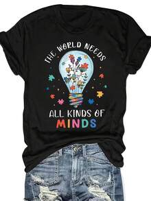 [Camiseta de Concientización] Camiseta con Estampado Gráfico de Concientización sobre el Autismo| Camiseta Casual de Cuello Redondo Suave y Elástica para Mujeres, Lavable a Máquina, Top de Primavera Verano, Diseño de Bombilla y Flores "El Mundo Necesita Todo Tipo de Mentes", Camiseta de Colores Juguetones, Camiseta de Ajuste Cómodo - Negro - Ver 12