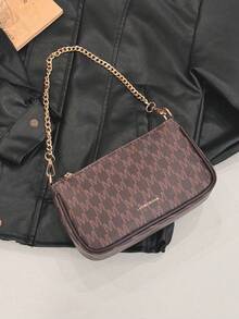 New Fashion Classic Versatile PU Waterproof Fabric Letter Pattern Printing Design Metal Chain Decoration Design French Baguette Bag, Women's Shoulder Wallet, Latin American Street Style Wallet, Suitable For Shopping. Travel To Work, Party Gatherings - 咖啡棕 - 查看 7