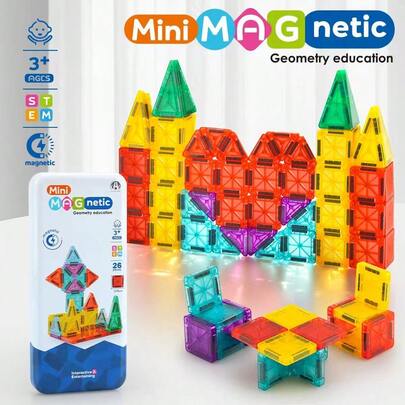 Gạch nam châm mini có hộp sắt, Bộ đồ chơi khối xây dựng nam châm du lịch 26/56 viên, Đồ chơi khối xây dựng di động, Đồ chơi giáo dục, đồ chơi cảm giác, quà tặng sinh nhật cho bé trai bé gái từ 3 tuổi trở lên