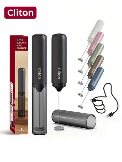 CLITON Espumador de leite de lítio de alto desempenho | Recarregável via USB-C | Leite microespumado premium em 30 segundos, bebidas de café estilo barista em casa, Espumador de leite recarregável a pilhas, Espumador de viagem, Espumador de leite elétrico, Espumador de café para latte, cappuccino, Misturador para bebidas de chocolate quente com mini batedores duplos e cabo USB