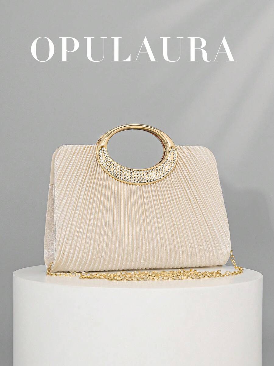 OpulAura 女士时尚闪亮水晶钻晚宴手拿包，奢华闪亮钻石镶嵌礼服手提包，适合晚会、派对、约会、鸡尾酒会、生日派对、新娘配饰、生日礼物 - 杏色 - 查看 1