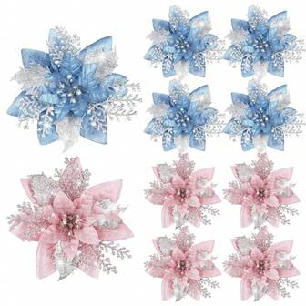 6/12 件 5.5 英寸圣诞树装饰，粉色和蓝色一品红人造圣诞花带夹子，闪光一品红圣诞花适用于圣诞树花环装饰