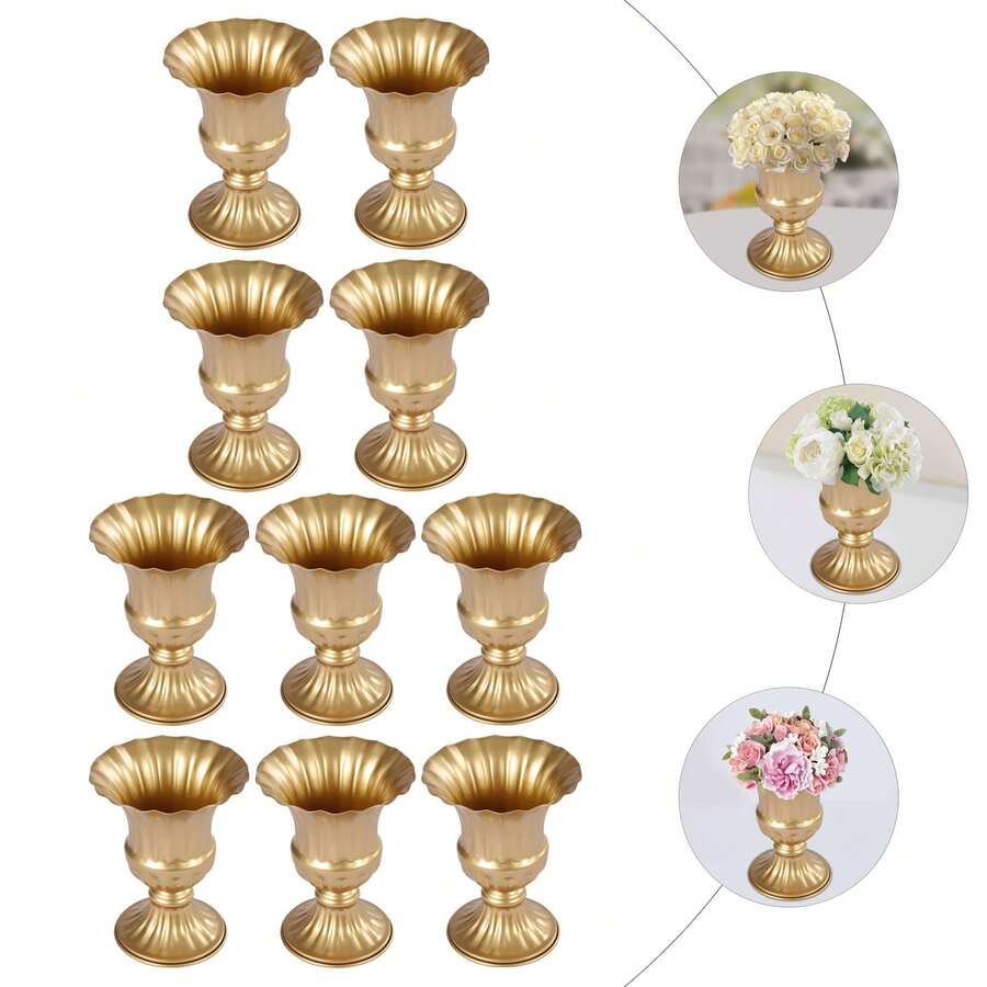 WUPYI2018 10 Stück Golden Metall Vase für Hochzeit, Klein Blumenvase Deko Hochzeit Mittelstücke Vintage Trompetenvase für Jubiläumsfeier Party Geburtstag Ereignis Gang Dekoration - Gold - Übersicht 1