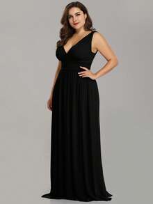 V-Neck Ruffle Waist Pleated Chiffon Bridesmaid Dress, Elegant - Black - View 4