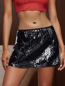 Women's Summer Mini Sequins Skirts Short Trendy Glitter Skirt for Daily, Travel, Parties - Negro - Ver 4