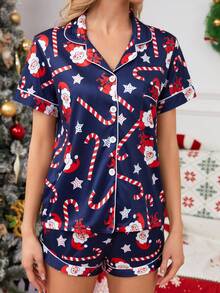 Set de pijamale de Crăciun cu imprimeu de Moș Crăciun pentru femei, top cu mânecă scurtă și guler cu nasturi și pantaloni scurți, lenjerie de casă casual confortabilă, potrivită pentru acasă sau în aer liber, primăvară/vară/toamnă/iarna, haine de toamnă - Albastru marin - Vizualizare 5