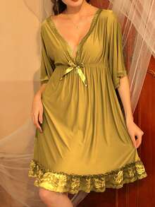 1pc Women's Solid Color V-Neck Sleepwear, Stylish Revealing Shoulder Design