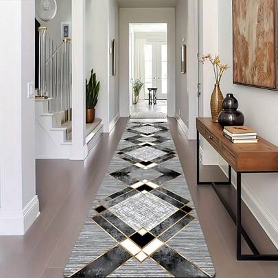 1PC Soft Anti Slip Bohemian Retro Long-Distance Running Mat With Geometric Black And Gold Patterns, Anti Fouling And Anti Slip, Crystal Velvet Channel Carpet, Rectangular Floor Mat, Suitable For Home Decoration, Perfect For Corridors - Suitable For Decorating Carpets In Bathrooms, Bedrooms, Corridors, Camping, Etc Bathroom Kitchen Decor Christmas Decor Kitchen Rug