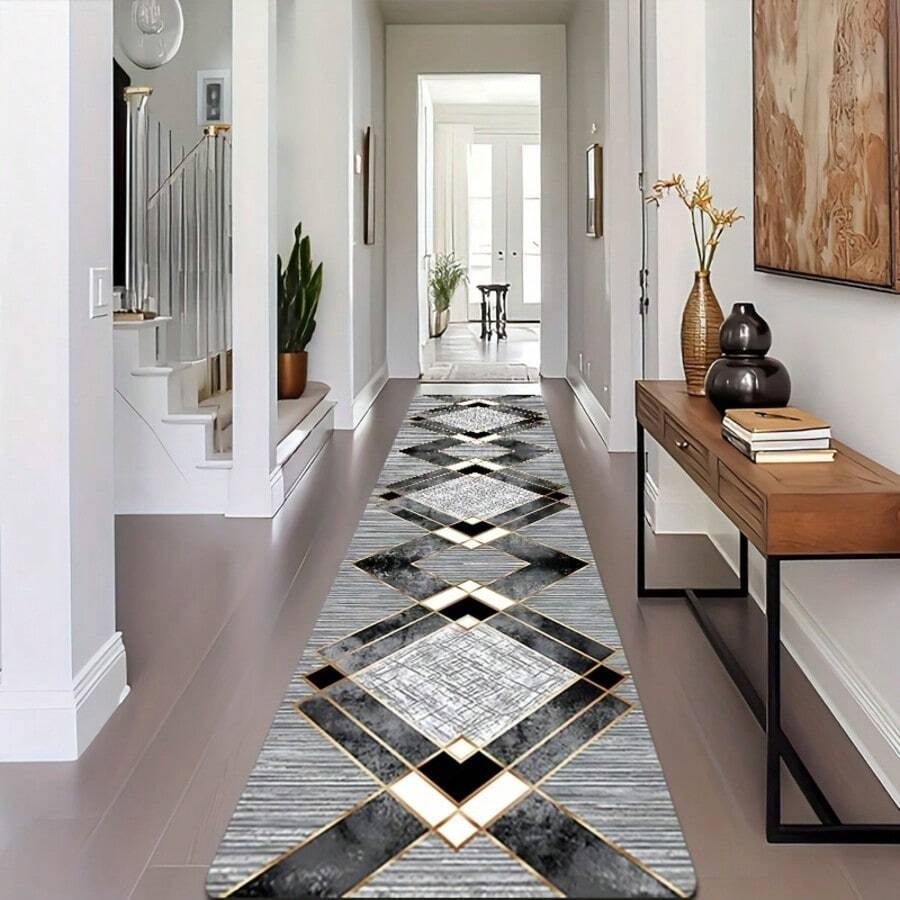 1PC Bohemian Vintage Long Runner Rug, Geometric Black & Gold Pattern, Stain-Resistant & Non-Slip, Crystal Velvet Grooved Carpet, Suitable For Decorating Bathroom, Bedroom, Hallway, Camping And Other Places - Multicolor - View 1