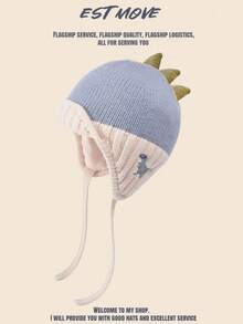 1 件儿童针织恐龙无檐帽，可爱温暖护耳冬季帽，适合 3-8 岁男孩和女孩