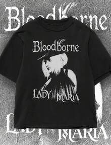 Bloodborne Lady Maria Typography Portrait Crew Neck T-Shirt Cropped Design Short Sleeve Y2k Casual Wear Tops Plus Size Clothes Suitable For All Seasons Machine Wash For Business Casual And Daily Wear - 黑色 - 查看 1