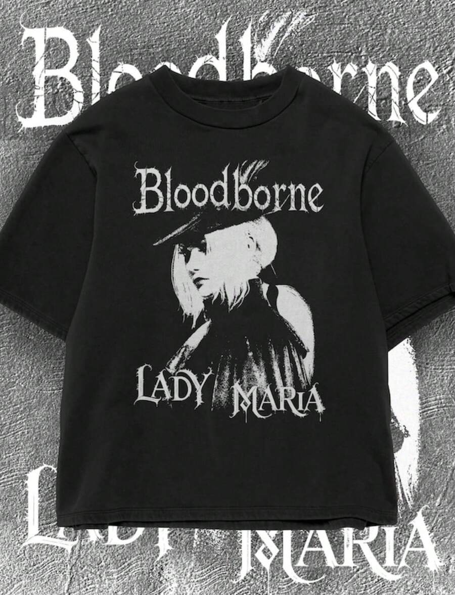 Bloodborne Lady Maria Typography Portrait Crew Neck T-Shirt Cropped Design Short Sleeve Y2k Casual Wear Tops Plus Size Clothes Suitable For All Seasons Machine Wash For Business Casual And Daily Wear - 黑色 - 查看 1