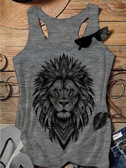 BLUSA REGATA LEÃO ESTILOSA , regatinha alternativa moda verão, blusinha estampada casual moda dia a dia plus size