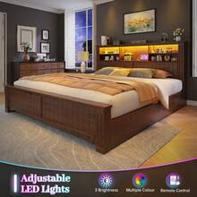 EnHomee Farmhouse Bed Frame With LED Lights And Charging Station Metal Platform Bed With 4 Drawers & Bookcase Headboard No Noise - Xem 1