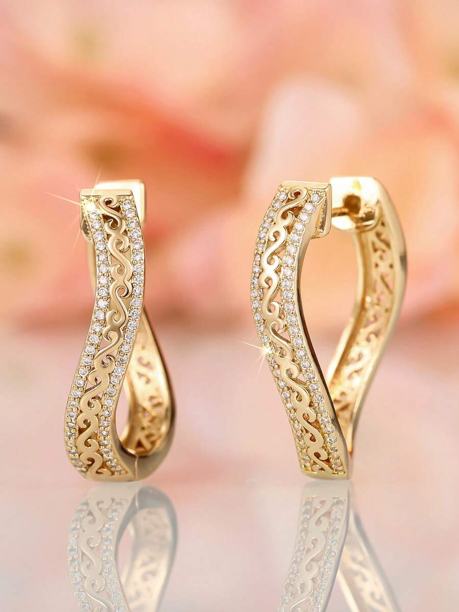 一对优雅的立方氧化锆耳环，情人节、结婚纪念日、订婚派对送给女性的礼物 - 金黃色 - 查看 1