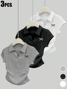 3 Stücke Damen Lässig Slim Fit T-Shirt Set mit Schleifendetail, einfarbig, Polokragen, Rüschen, Kurzarm