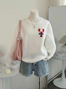 GLOpass Women's Fashionable Versatile Lobster Print Long Sleeve Sweatshirt, Crew Neck Loose Fit Casual Pullover, Suitable For Daily Wear, Travel, Airport