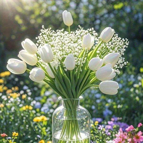 20pcs Artificial Baby's Breath And White Tulip Flower Bouquet Set - Wedding/Party/Home/Office Decor, DIY Centerpiece, Mother's Day/Valentine's Day/Graduation Gift, No Vase Needed, Plastic Material (Spring & All Season Decor)