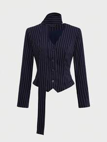 优雅简约假日派对通勤日常商务套装女装，秋季长袖收腰修身西装外套和铅笔裙套装 - 藏蓝色 - 查看 7