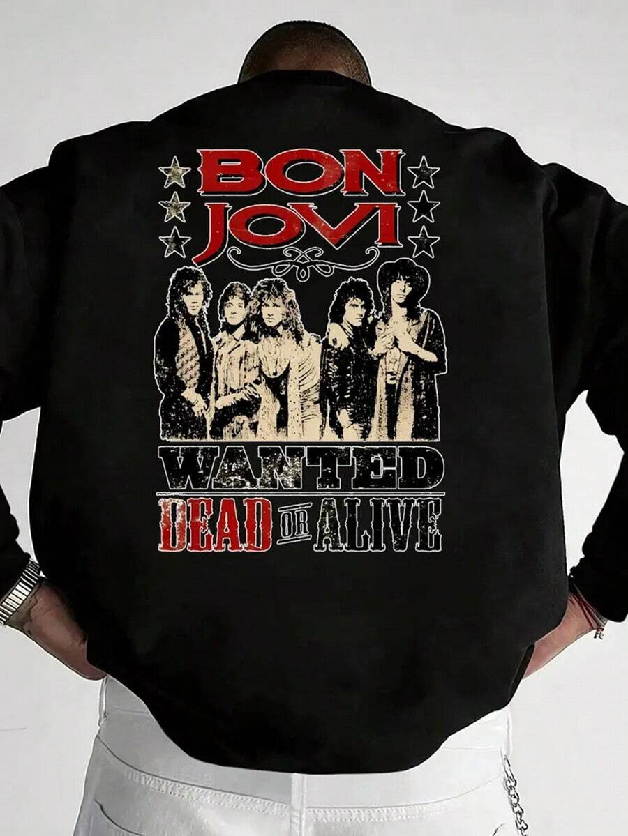BON JOVI Men'S Casual Sweatshirt Set - Cozy Autumn & Winter Outfit With Star Design, Red Crew Neck Pullover Sweatshirt & Black Hoodie With Bold Band Member Portraits, Band Merchandise | Star Motif Design | Durable Casualwear,Fall Hoodies,Men's Fall Clothes,Street Wear,Halloween,Mens Hoodies,Y2k Clothes,Jesus Hoodie,Thanksgiving Day,Nightmare Before Christmas,Christmas - 黑色 - 查看 1