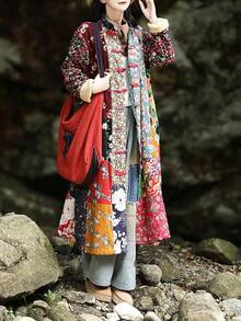 LUZU JUNU Women's Trench Coat Floral Print Long Cotton Linen Jacke Cottagecore Clothing Patchwork Outwear Bohemian Unique - 復古灰色毛絨襯裡 - 查看 8