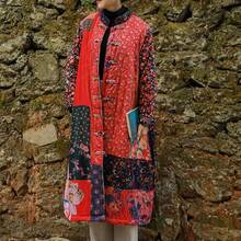 LUZU JUNU Women's Trench Coat Floral Print Long Cotton Linen Jacke Cottagecore Clothing Patchwork Outwear Bohemian Unique - 玫瑰暖絎縫 - 查看 7