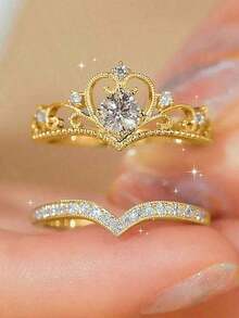 2pcs Ring Set: Elegant Luxury Crown Cubic Zirconia Rings, Fashion Jewelry For Women Wedding, Copper Plated Imitation Gold, Perfect Valentine's Gift For Her,Mom,Mother,Mother's Day,Gift - A-05 vàng - Xem 12
