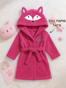 Personalized Animal Hooded Baby Bathrobe – Custom Embroidered Name | Soft Plush Toddler Robe 12–24M | Cute Fox Design | Ideal Winter, Christmas & Birthday Gift - Rose Pink Fox - View 1