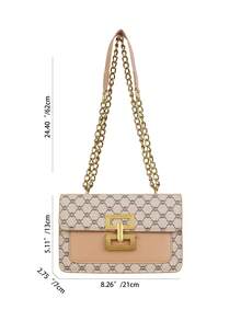 复古花卉图案女士单肩包，配有链条肩带，时尚女士方形翻盖包，经典设计（金色调锁，百搭花卉面料，适合优雅女士） - 卡其色 - 查看 5