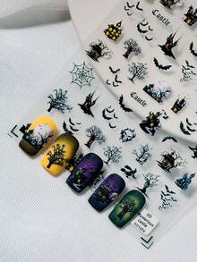 A Halloween Day Of The Dead Nail Sticker With Relief Hand Drawn Design, Dark Gothic Style, Featuring Dark Style Patterns Such As Bats, Spider Webs, Castles, Etc., Suitable For Personal DIY And Nail Salon Use