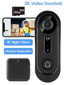 2K Wide Video Doorbell Camera, Wireless Indoor Chime, Free Cloud Storage And 32GB Micro SD Card, 2K Wide Live Video, 2K Night Vision, Weaterproof, Easy To Insallation, Human Detection And Motion Detection, Alert Message, Indoor/Outdoor - 黑色 - 查看 1