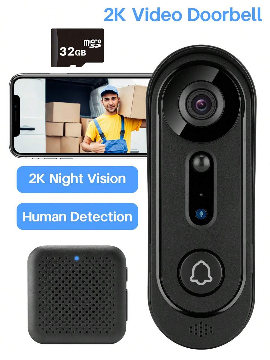 2K Wide Video Doorbell Camera, Wireless Indoor Chime, Free Cloud Storage And 32GB Micro SD Card, 2K Wide Live Video, 2K Night Vision, Weaterproof, Easy To Insallation, Human Detection And Motion Detection, Alert Message, Indoor/Outdoor - 黑色 - 查看 1