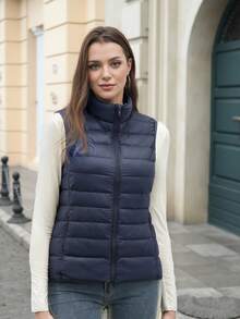ZIAI Women's Stand Collar Lightweight Short Down Vest, Multiple Colors, Casual Outdoor Autumn/Winter - Navy Blue - View 4