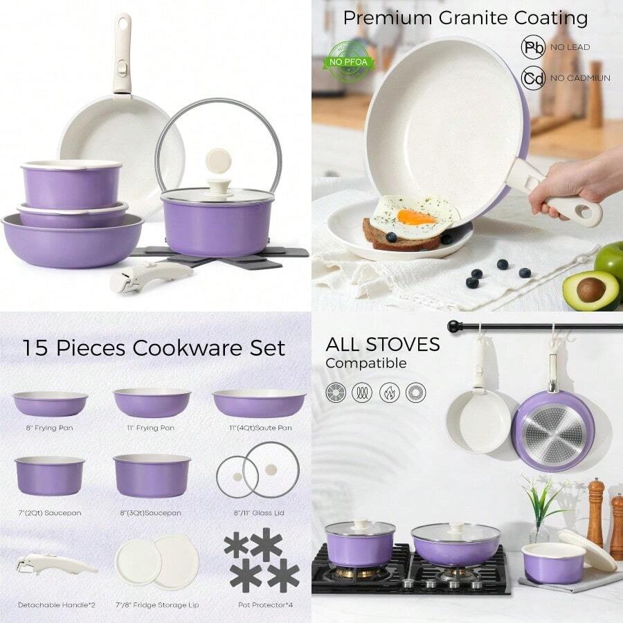 MX  15Pcs Pots And Pans Set Non Stick Cookware Sets With Detachable Handle Nonstick RV Kitchen Cooking Tools Removable Handles Oven  Induction Fast Stackable Induction Cookware Purple131 - Purple - View 1