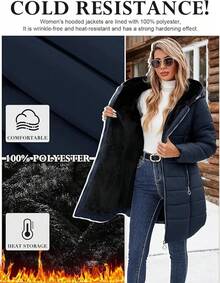Women's Winter Windproof Fur Warm Slim Fit Down Jacket - Long Ski Coat For Commuting - Navy - 查看 5