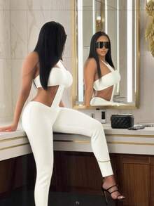 Ladies' Street Party Party Sexy Hot Girl Tight Fitting Slim Fit Strapless Hanging Neck Pants Two-Piece Set - 白色 - 查看 3