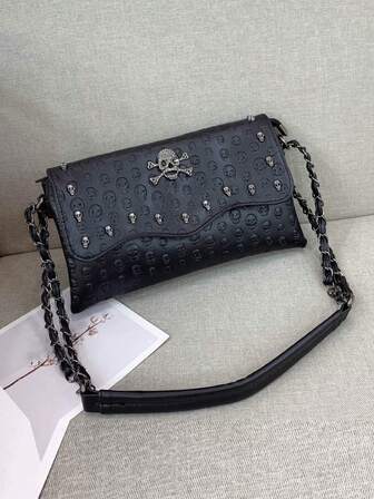 1 件时尚高端压花骷髅装饰方形单肩包，适合日常外出和通勤