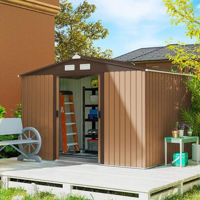  Outsunny 9 X 6ft Metal Garden Shed, Outdoor Storage Tool House With Ventilation Slots, Foundation Kit And Lockable Double Doors, Light Brown