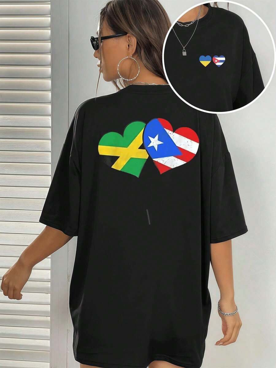 Puerto Rico Jamaican Flag Heart, Women's T-shirt Double Side Print, Fashion Casual, Round Neck, 220gsm Pure Cotton (1 Piece)