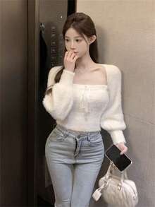 2 件性感迷人的杏色细肩带上衣和人造毛皮长袖毛衣套装，适合约会、通勤、圣诞节、新年 - 杏色 - 查看 6