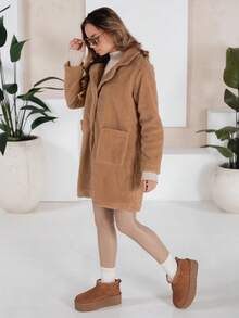 Women's Faux Fur Winter Coat With A Classic Collar And Practical Pockets. Elegant Oversized Teddy Bear Coat That Hits Mid-Thigh. Stylish Coat For Cold Weather. Soft Outer Shell With Polyester Lining. - Camel - View 2