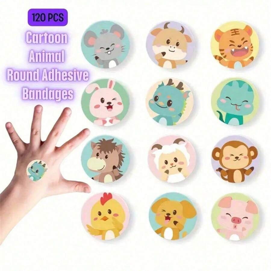 120pcs Mini Round Waterproof Bandages - Cartoon Patterns, Breathable, Skin-Friendly, Easy To Apply And Remove, Random Pattern Designs, Suitable For First Aid Kits - Multicolor - View 1