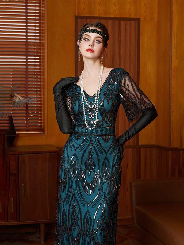 1920s Vintage Flapper Women Gatsby Party Long Dress Plus Party Wear Maxi Sequin Beaded Dark Olive Green Prom Dress For Party, Wedding, Christmas, Halloween