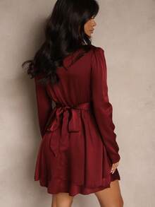 Satin Mini Dress With Deep Neckline And Tie Back - Burgundy - View 3