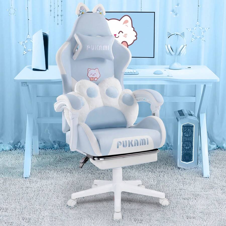 Cute Gaming Chair With Cat Ears & Cat Paw Lumbar Support, Ergonomic Reclining PC Chair, With Footrest, Headrest & Adjustable Features,Halloween Decor - 藍色 - 查看 1