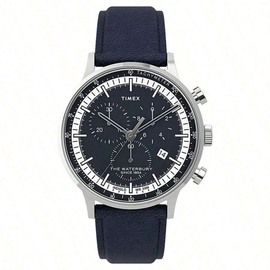Timex Reloj de cuarzo casual para hombre Waterbury Chronograph TW2U04700 Multifunción con esfera negra redonda y correa de cuero azul, adecuado para uso diario, decoración y regalo de cumpleaños para novio o padre