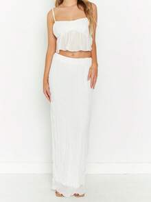Womens Two Piece Summer Outfits Sleeveless Ruffle Hem Cami Tops And Long Skirt Set Beachwear - 白色 - 查看 2