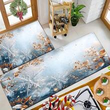 1 pieza Alfombra de gel de sílice con estampado de copos de nieve navideños, alfombra rectangular para sala de estar, dormitorio, pasillo, baño, lavandería - Poliéster, apta para decoración interior y exterior del hogar, se puede usar como regalo y decoración navideña