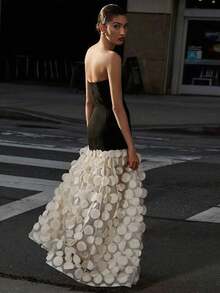 Women's Sexy Mesh Patchwork Strapless Backless 3D Floral Decor Bodycon Maxi Dress, Sleeveless, Suitable For Runway, Gala, Party