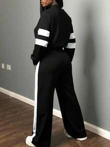 Plus Size Women Casual Sports Street Style Stand Collar Zip-Up Long Sleeve Sweatshirt And Wide Leg Pants 2 Pieces Set, New Arrival In White And Black Color Block Sporty Outfit, Casual Beach Sports Sweatshirt Hoodie For Outdoor, Office, Home, Airport, Spring Autumn, Graduation, Back To School, Teacher Outfit, Loose Fit Long Sleeve Top And Wide Leg Pants